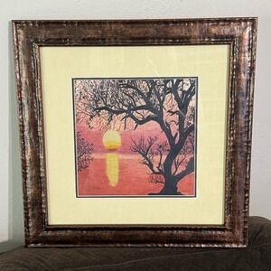 Chinese Suzhou Embroidery King Silk Art Tree Near Water Under Pink Sunset Framed